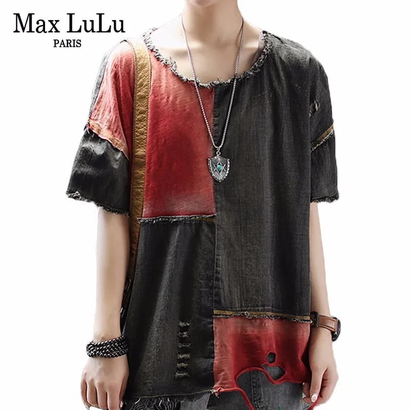

Max LuLu 2019 Summer Fashion Korean Clothes Ladies Holes Tops Womens Denim Patchwork Black T-Shirts Vintage Oversized Tee Shirts
