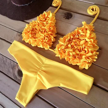 Sexy 3D Flower Ruffled Bikini 2019 Bandeau Swimsuit Women Brazilian Swimwear Female Two pieces Bikini Set Halter Bathing Suit two tone underwire halter bikini