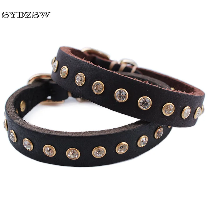 

SYDZSW Small Dog Collar Genuine Leather Puppy Pet Collar Leads for Cats Yorkie Dogs Fashion One Row Diamond Chihuahua Collar