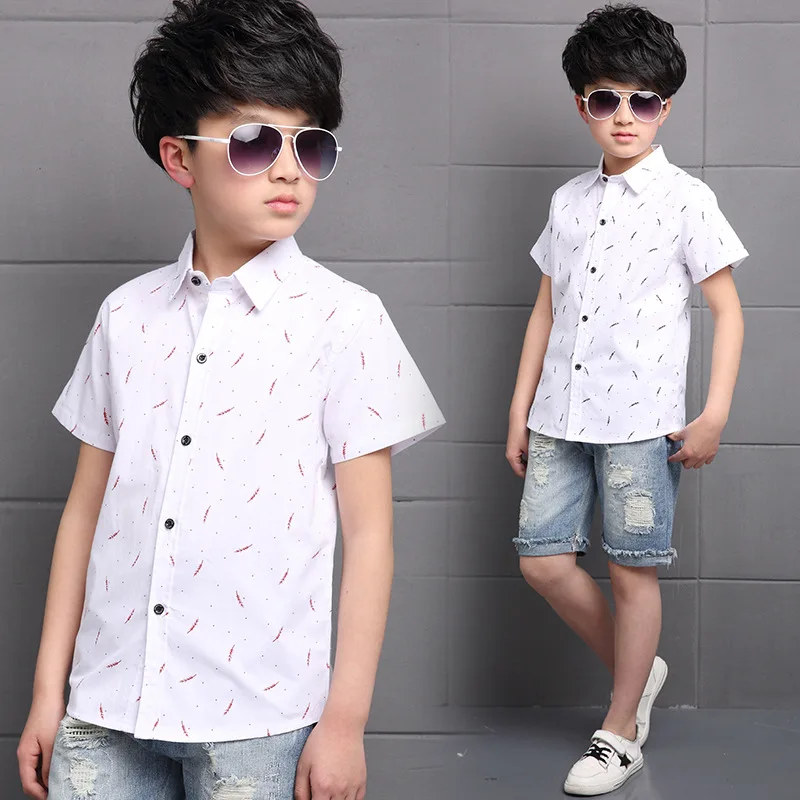 leaf printed kids short sleeve shirts for boys children white school