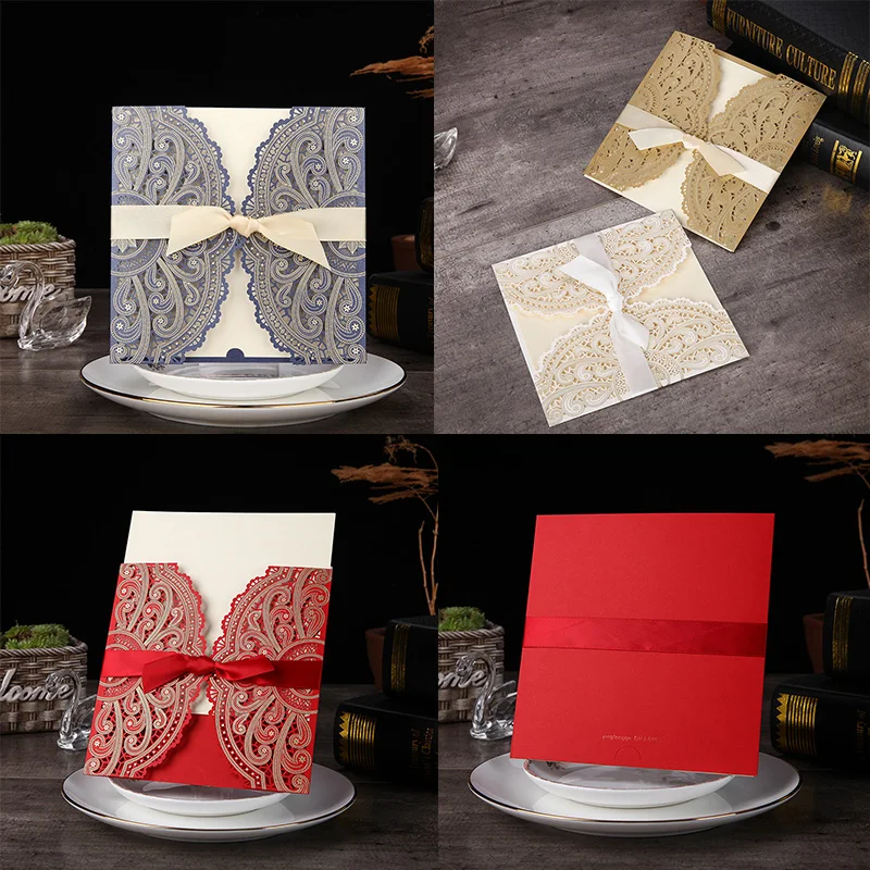 

50pcs Blue Red Gold Laser Cut Hollow Wedding Invitations Card Elegant Greeting Card With Ribbon Birthday Party Wedding Supplies