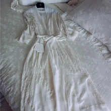 Осень весна женские Роскошные Глубокий V мягкие шелковые халаты три четверти рукав Ночные рубашки с цветами Домашняя одежда 032