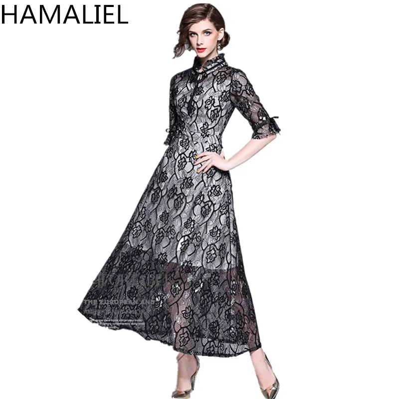 

HAMALIEL Vintage Women Lace Long Dresses 2018 Summer Half Flare Sleeve Hollow Out Floral Female Stand Collar Maxi Party Dress