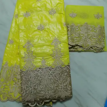 

(5+2) Amazing wedding/party African cotton bazin lace fabric matching with 2 yards French net lace cloth gold yellow color