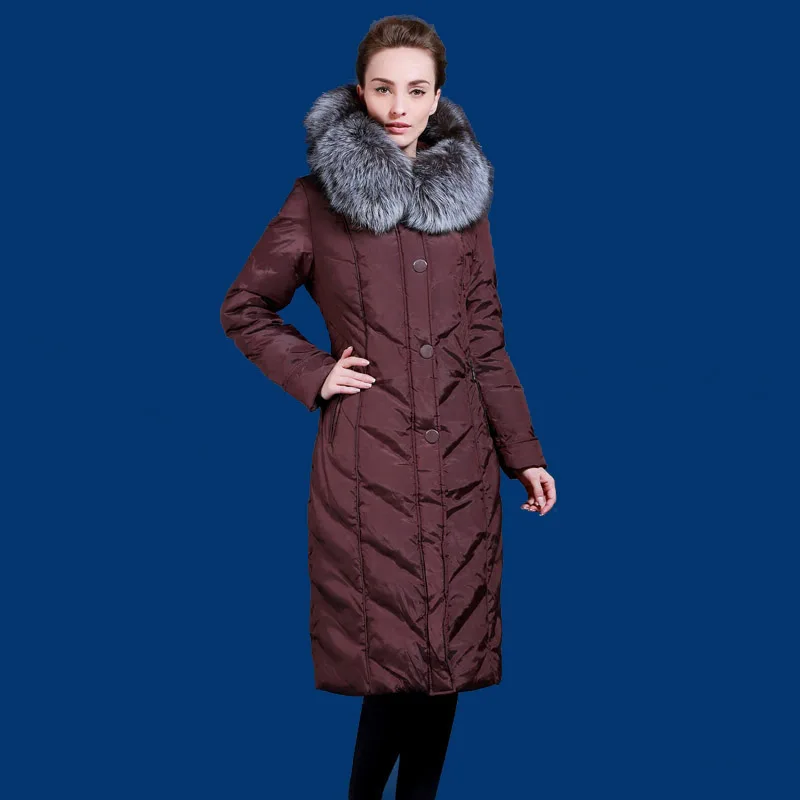 Зимний пуховик для женщин, длинный дизайн, Воротник из меха серебристой лисы, пуховики, Европа и США, минус 40 градусов, теплая куртка Q704A