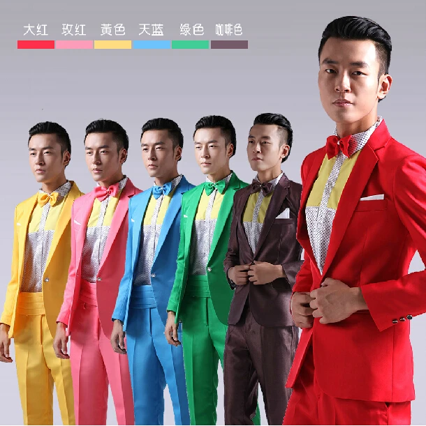fashion 2 Pieces Set Business Casual Mens Suits With Pants Costume Homme Colorful Wedding Suits Groom Dress Singer Tuxedo