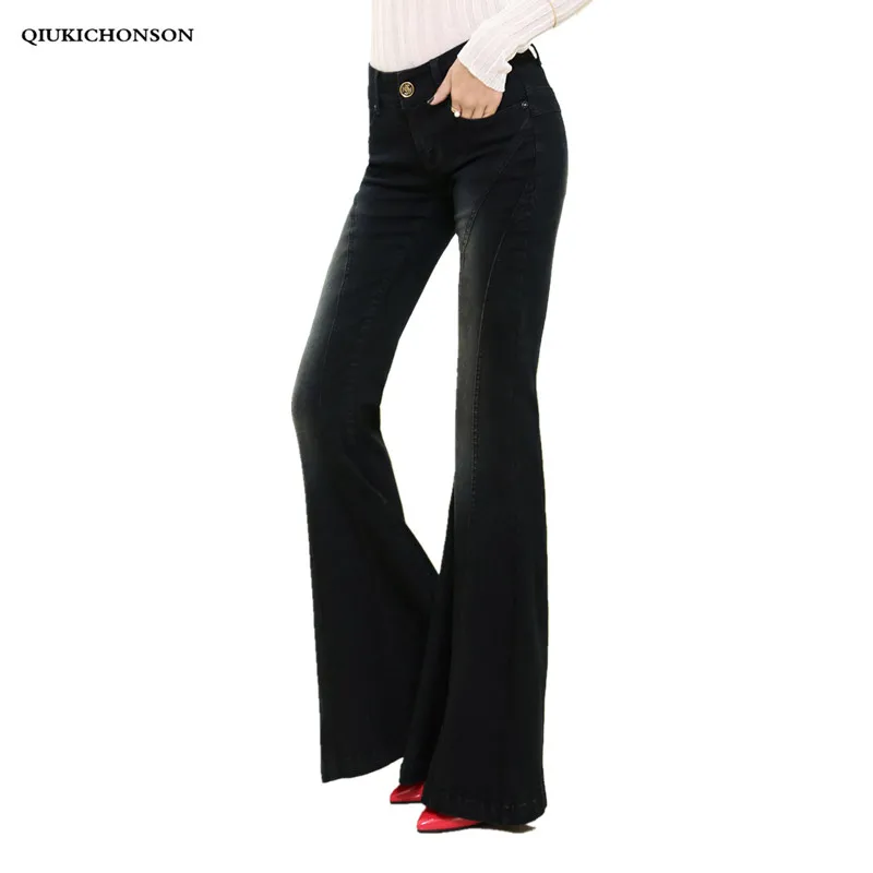 

black jeans woman autumn flare jeans vintage korean style 2018 high waist jeans skinny pockets bleached elasticity ladies Jeans