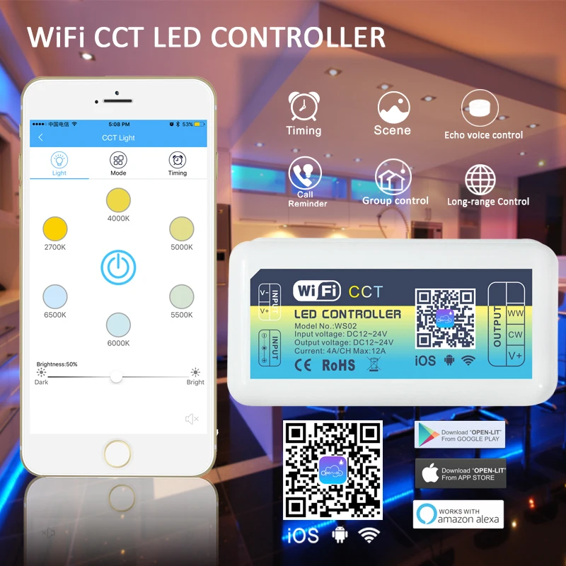 

Newest Smart LED WIFI Controller RGB RGBW CCT Dimmer DC12/24V Home Lighting Alexa Control Android/IOS APP For LED Strip Light