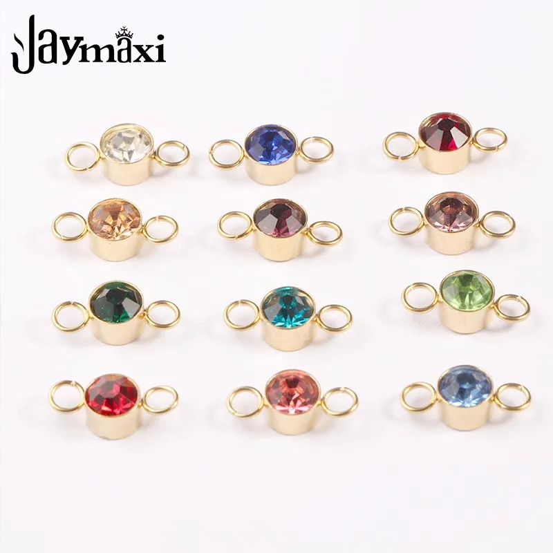 

Jaymaxi Gold Color 12 Birthstone Connectors Charms Round 6mm Rhinestones Stainless Steel DIY Bracelet Necklace 12piece/lot