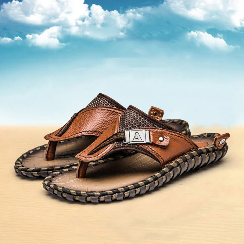 

Men's Summer Beach Slipper Genuine Leather Plus Size 48 Outdoor Beach Flip Flops Brand Luxury Sea Walking Sandals Men Zapatillas