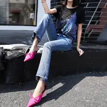 Весна и лето Новые расклешенные джинсы женские тонкие средней талии узкие джинсовые брюки модные девять очков брюки D99