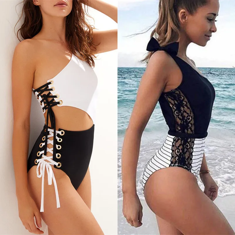 Сексуальный цельный купальник для женщин летняя пляжная одежда Кружева одно плечо купальники бодисьют Монокини завязки купальник