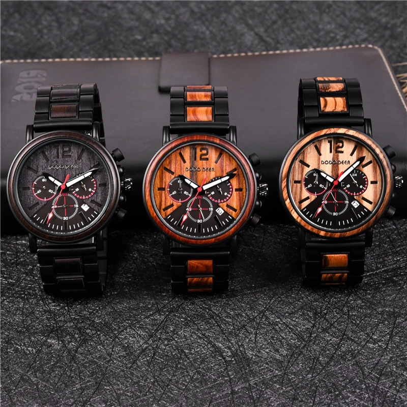 

DODO DEER Men Watch Chronograph Calendar Stop Watch Wooden Luxury Stainless Steel Wristwatches erkek kuvars saatler C04