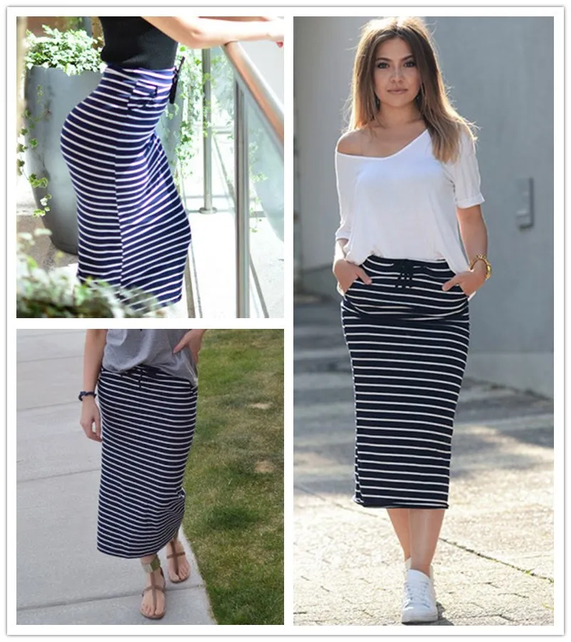 Autumn Women Casual Summer Skirt Navy Black Drawstring Striped Skirts Cozy Pockets Chic Skirts Skirts