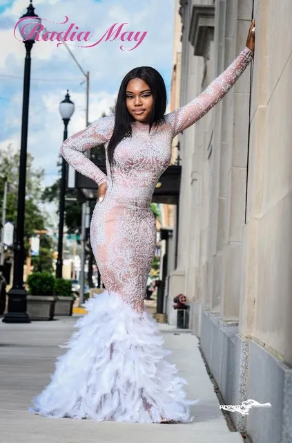 white feather prom dress