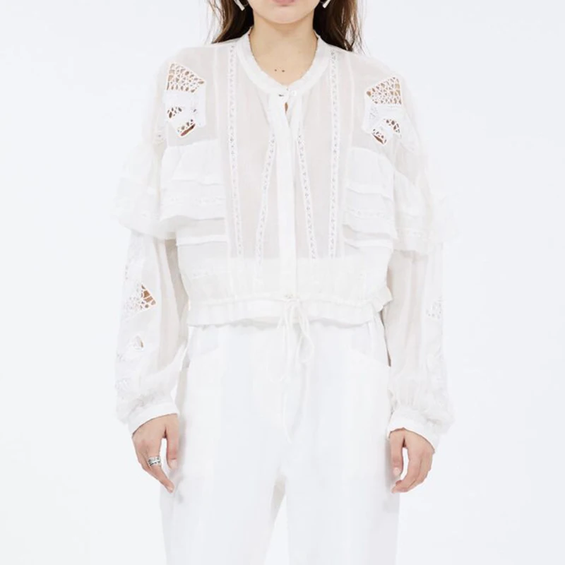 

HIGH QUALITY Newest Fashion 2019 Runway Designer Shirt Women's Lace Hollow Out Patchwork Blouse Shirt