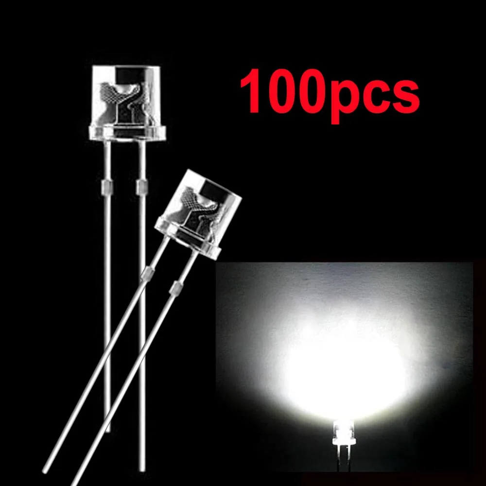 100pcs 5mm White Flat top DIP LED Diodes Super Bright Wide Angle LED