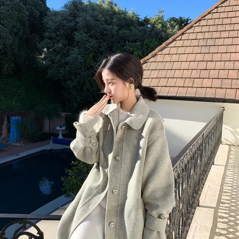 OLN 2019 New Style Autumn Winter Woolen Coat Herringbone Plaid Temperament Waist Turn-down Collar Thin Double-sided Coat 1610