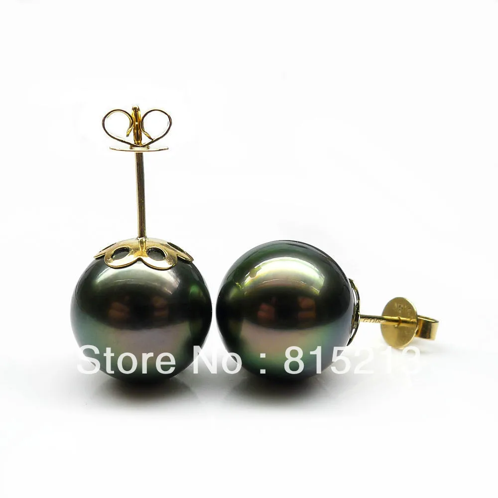 

wb00177 TOP QUALITY!AAA 11.3MM PEACOCK TAHITIAN GENUINE PEARL 18K GOLD STUD EARRINGS