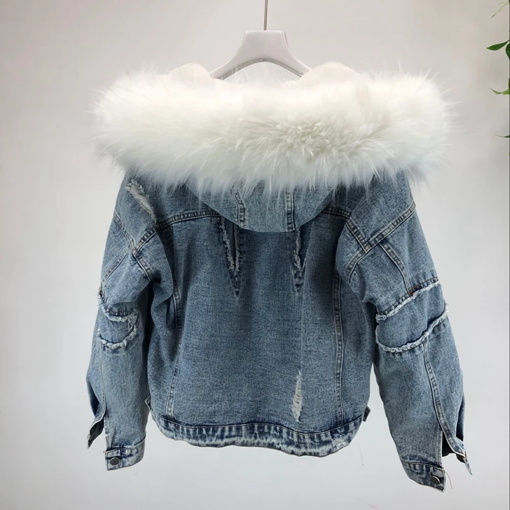Épais D'hiver Lâche blanc 2018 Denim Vêtements Fourrure Gris Revêtement Capuchon Laine Grande Chaud Jeans rose Parka Agneau Veste À De Femmes Des 511wqSB7