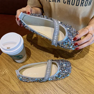 Round head single shoes female summer new bow fashion sequins comfortable shallow mouth flat peas shoes casual shoes