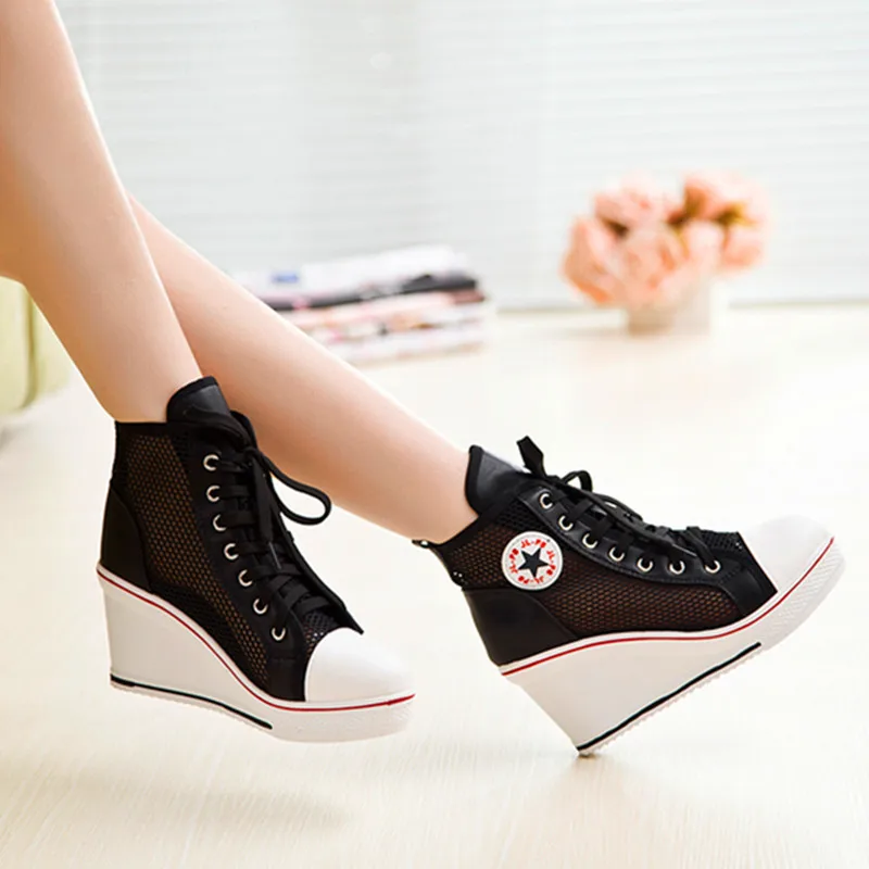 

Black Chunky Fashion Sneakers Women Wedges Shoes Woman Casual Breathable White Ladies Lace Up Platform Flat Denim Canvas Shoes