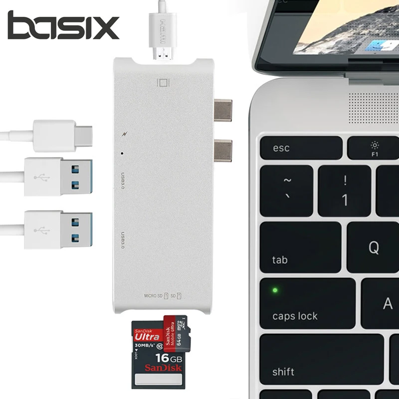 Basix Dual USB 3,1 Тип C концентратор к PD Мощность 2 * USB 3,0 HDMI 4 К SD/TF картридер Слоты HDMI hub конвертер для MacBook Pro