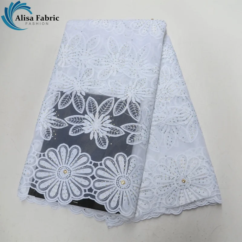 

Alisa Pure White Flower Embroider African Lace Fabric with Stones French Tulle Lace Fabric with Rhinestones for Wedding Dresses