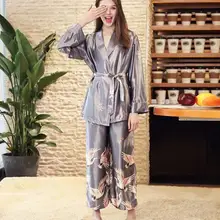 Пижамы с длинным рукавом 2 шт. Наборы для ухода за кожей шелковые пижамы Для женщин Pijama леди пижамы