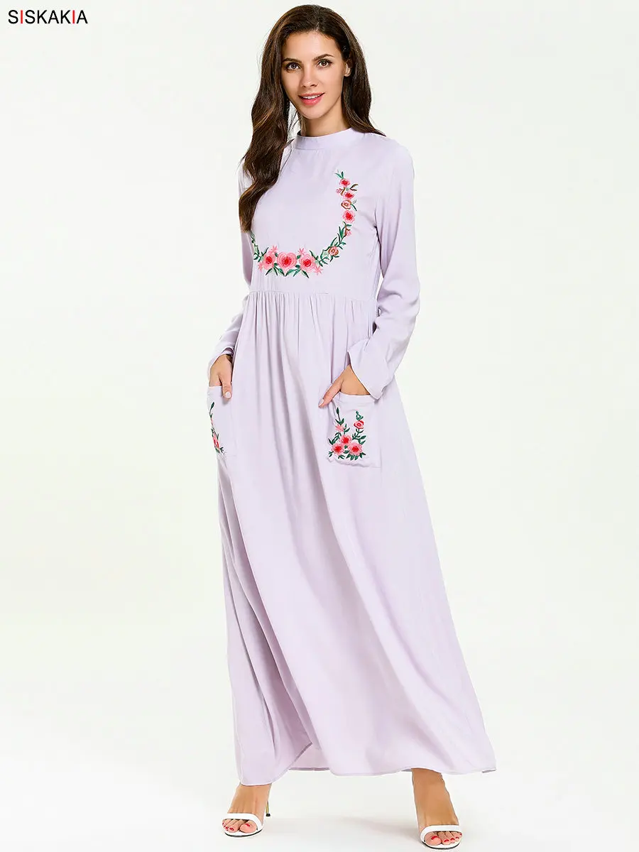 Mother Daughter Dresses Fall Cute Pockets Patch Floral Embroidery Full Sleeve Dress Elegant Family Matching Clothes Muslim