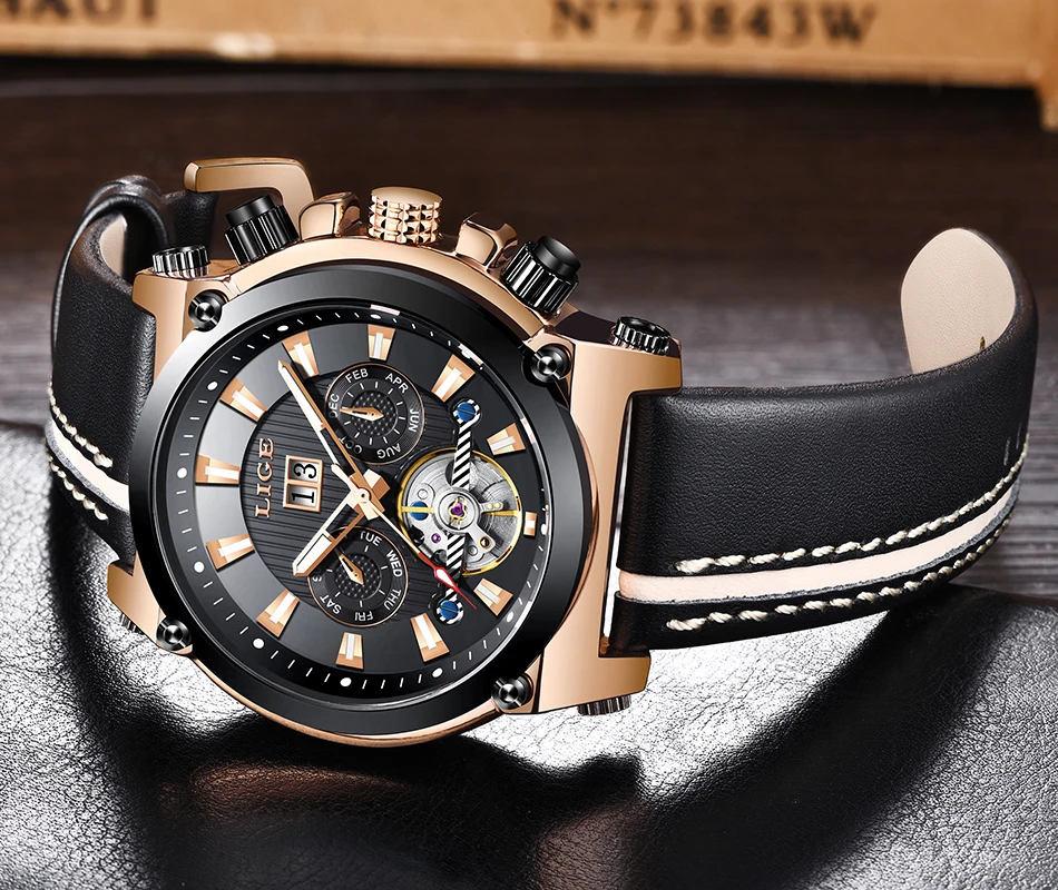 Новые мужские Роскошные модные часы LIGE автоматические механические часы мужские повседневные кожаные водонепроницаемые спортивные часы Relogio Masculino