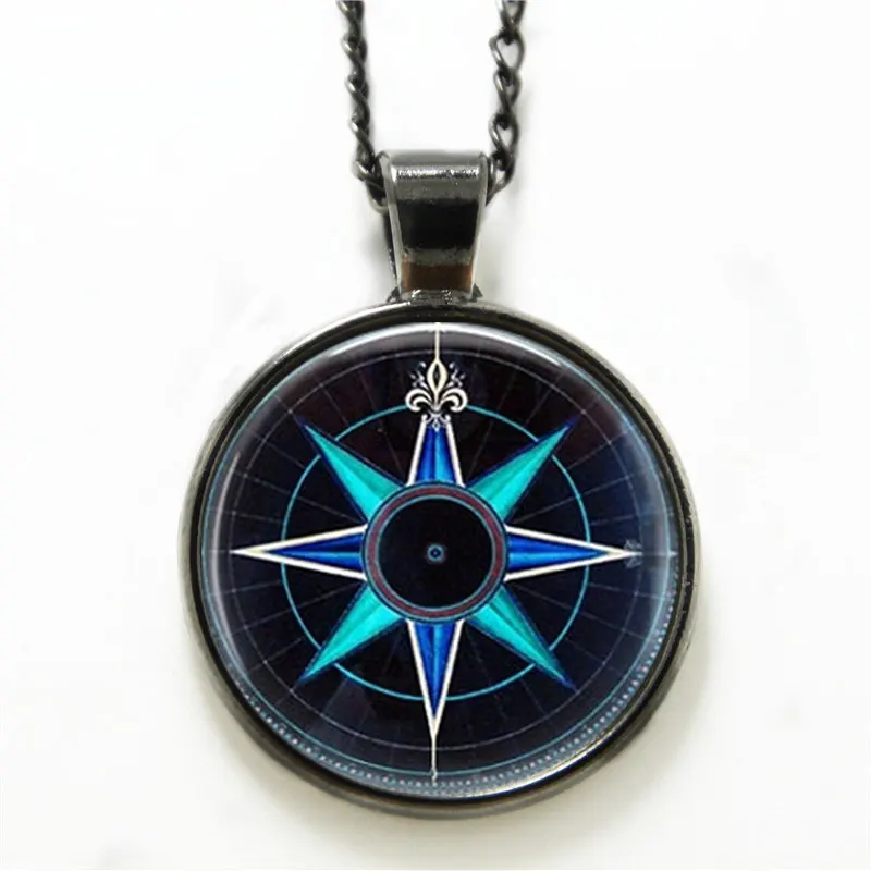 10PCS Compass Rose necklace,Nautical Jewelry Navy Blue and Aqua Art