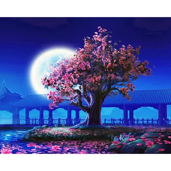 

Moon and Sakura Hand Made Paint High Quality Canvas Beautiful Painting By Numbers Surprise Gift Great Accomplishment