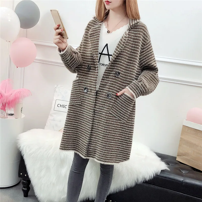 

Kemixiaoxuan New Arrival 2018 Autumn Winter Kintted Cardigans Female Mink Cashmere V Neck Sweater Loose Coat Jacket Woman