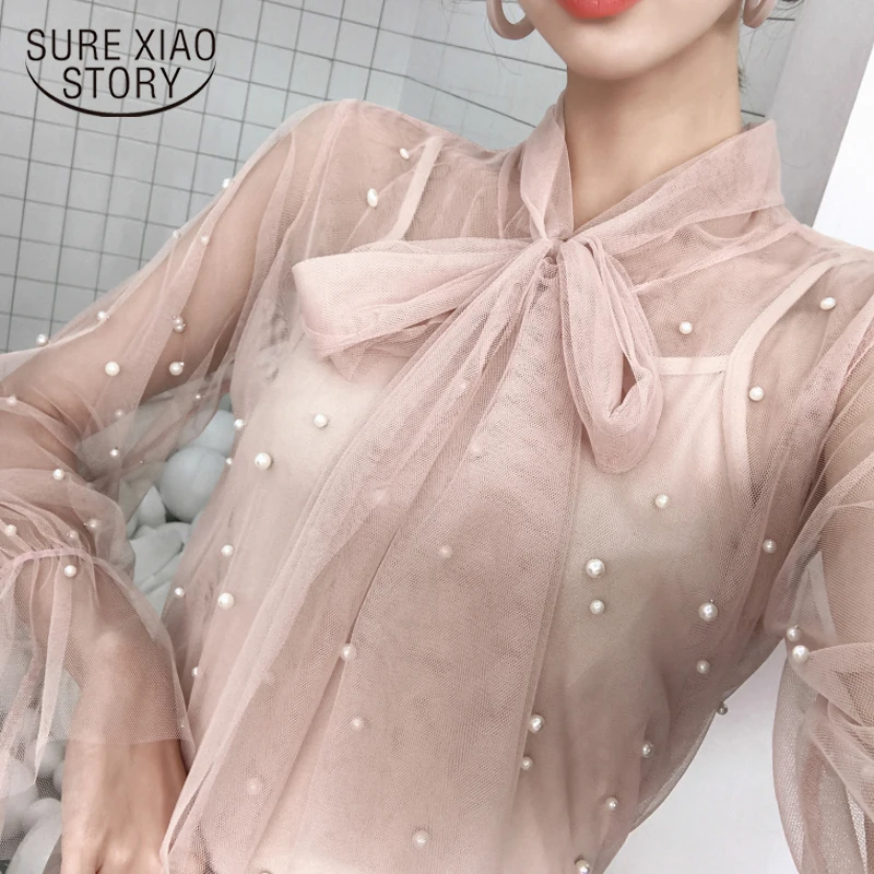 

2018 new spring women tops long sleeved blouses bow sexy lace patchwork shirts women clothing slim fashion blouses D444 30
