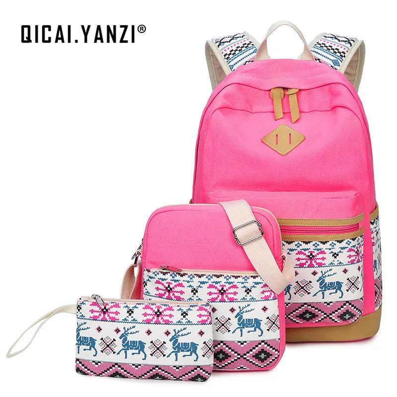 

QICAI.YANZI Women 3pcslot Backpacks Student Girls Laptop School Bags Teenager Snow Deer Printing Mochila Shoulder Bag Purse Z530