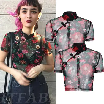 

Hirigin 2019 Women Sheer Mesh Short Sleeve Crew Neck See-through Crop Floral Top T-Shirt