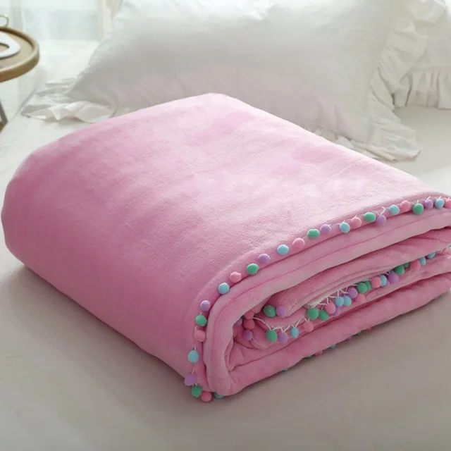 Light purple solid color fleece blanket for adults,pompom throw blanket on the bed,multi size