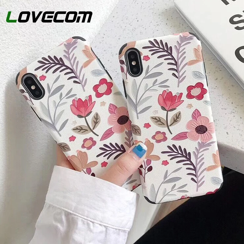 

LOVECOM For iPhone XR 7 8 XS Max XS 6 Case Retro Emboss Flower Leaf Four-corner Anti-knock Cover Soft Silk Print Full Body Coque