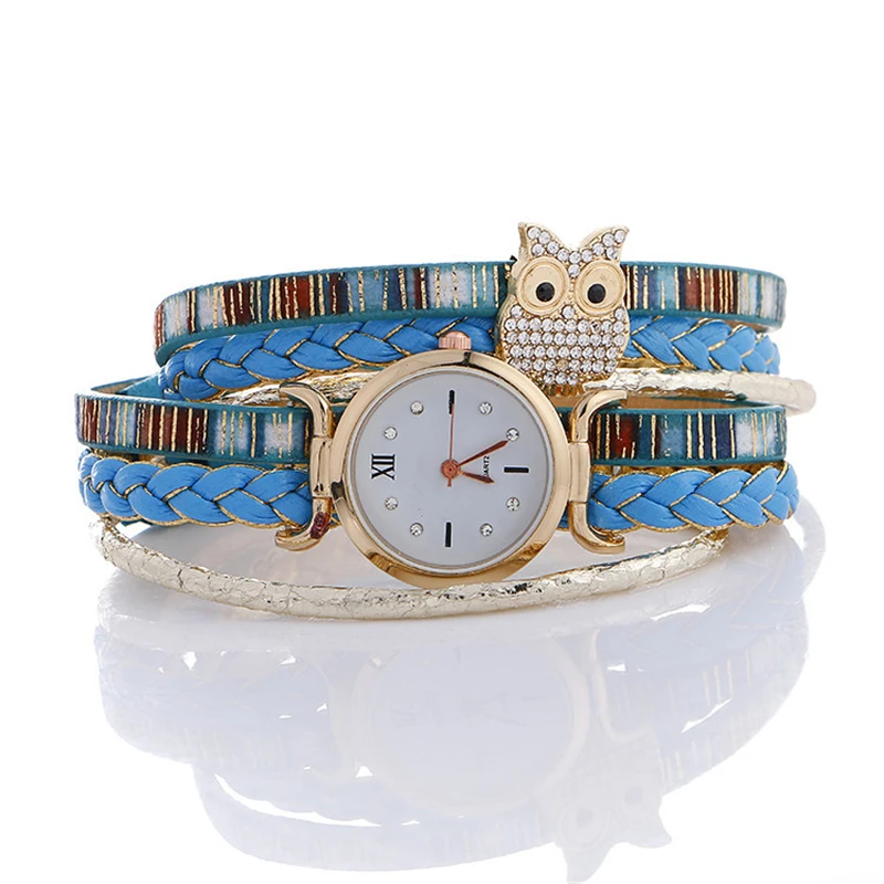 Роскошный бренд Сова круг кварцевые женские часы-браслет кожаный ремешок алмаз женские часы для женщин Девушка подарок часы Montre Femme - Цвет: Небесно-голубой