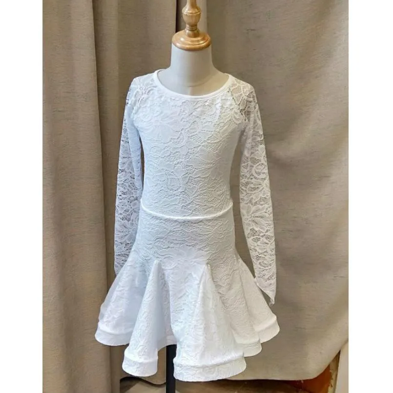 Платье для латинских танцев для девочек; элегантное белое кружевное платье с длинными рукавами для бальных танцев; Детские костюмы для сцены