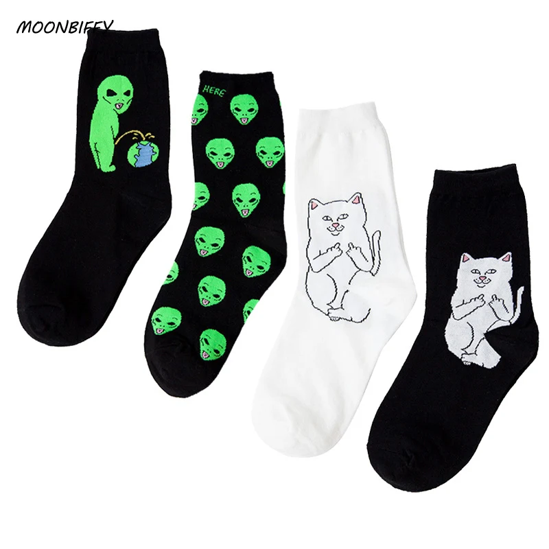 

MOONBIFFY Fashion Unisex Cartoon Cat Art Funny Alien Planet Comfortable Autumn Winter Creative Warm Cotton Halloween Party Socks