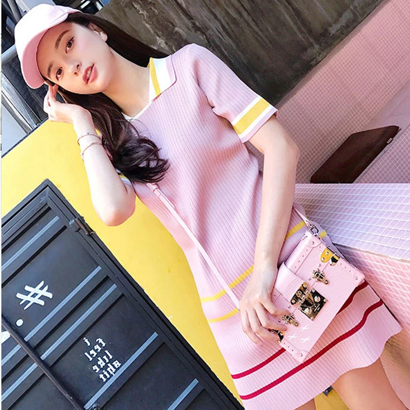 

Knitting Mini Dress 2019 New Ins A-line Summer Women Striped Short Sleeve Polo A-line Turn-down Collar Pink Sexy Sweet Dresses
