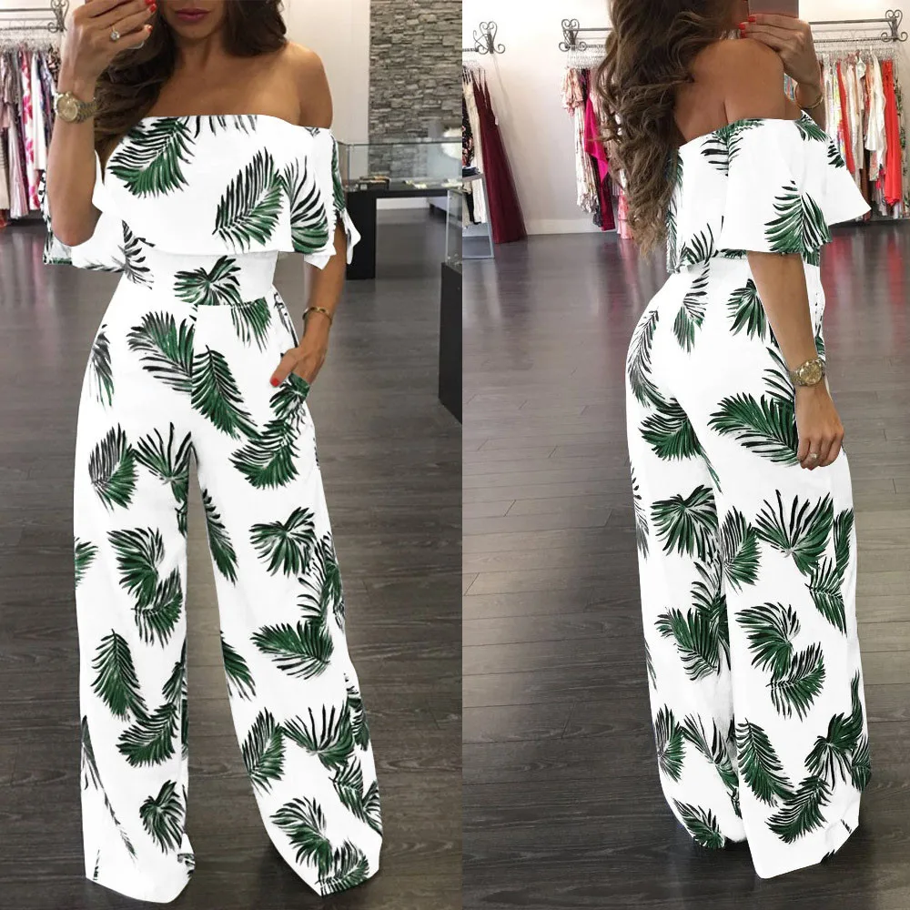 

30#vintage boho beach Jumpsuit Women Casual Off Shoulder Floral Leaf Printed Elegant Loose party night Playsuit Mono Mujer