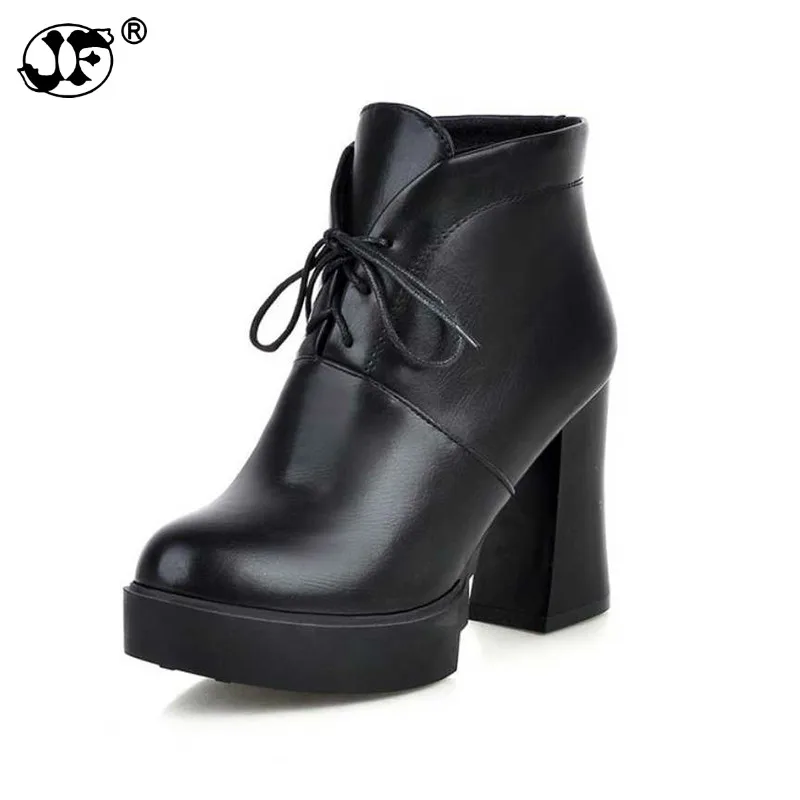 

2021 Neutral Style Women Ankle Boots Lace Up Hoof Heels Shoes Women Plus Size 34-43 Fur Addable Platform Boots 856