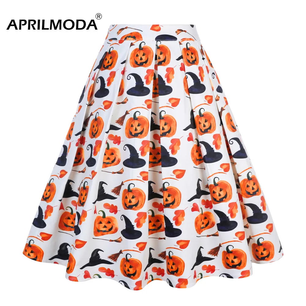 

2019 Flared Midi Pleated Skirt Novelty Female High Waist Skirts Cosplay Nightmare Party Halloween Skull Skirt 50s Knee Length