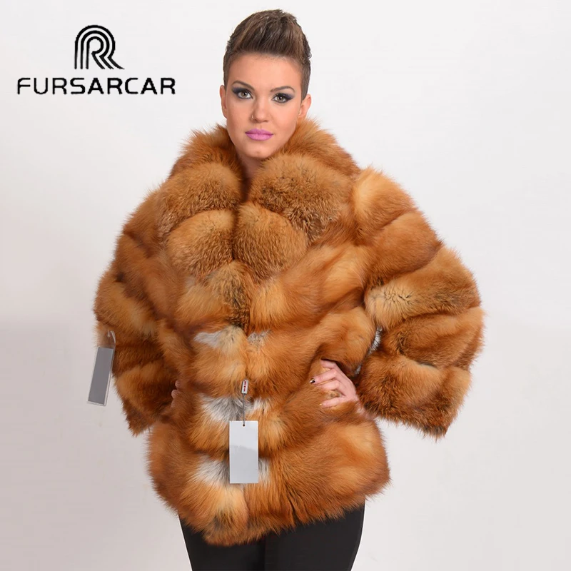 FURSARCAR Luxury New Real Fur Coat Women With Turn down Collar Genuine
