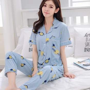 

Fashion Women Lovely Wear Leisure Clothes 2019 Summer Short Sleeved Women Pajamas Set Women Long Pant Pyjamas Sets Nightwear