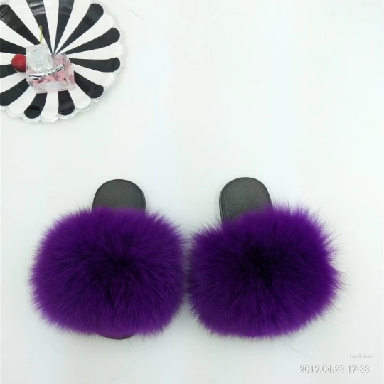 Настоящие лисьи тапочки, детские домашние шлепанцы на меху для девочек, пушистые летние домашние тапочки с мехом енота - Цвет: purple