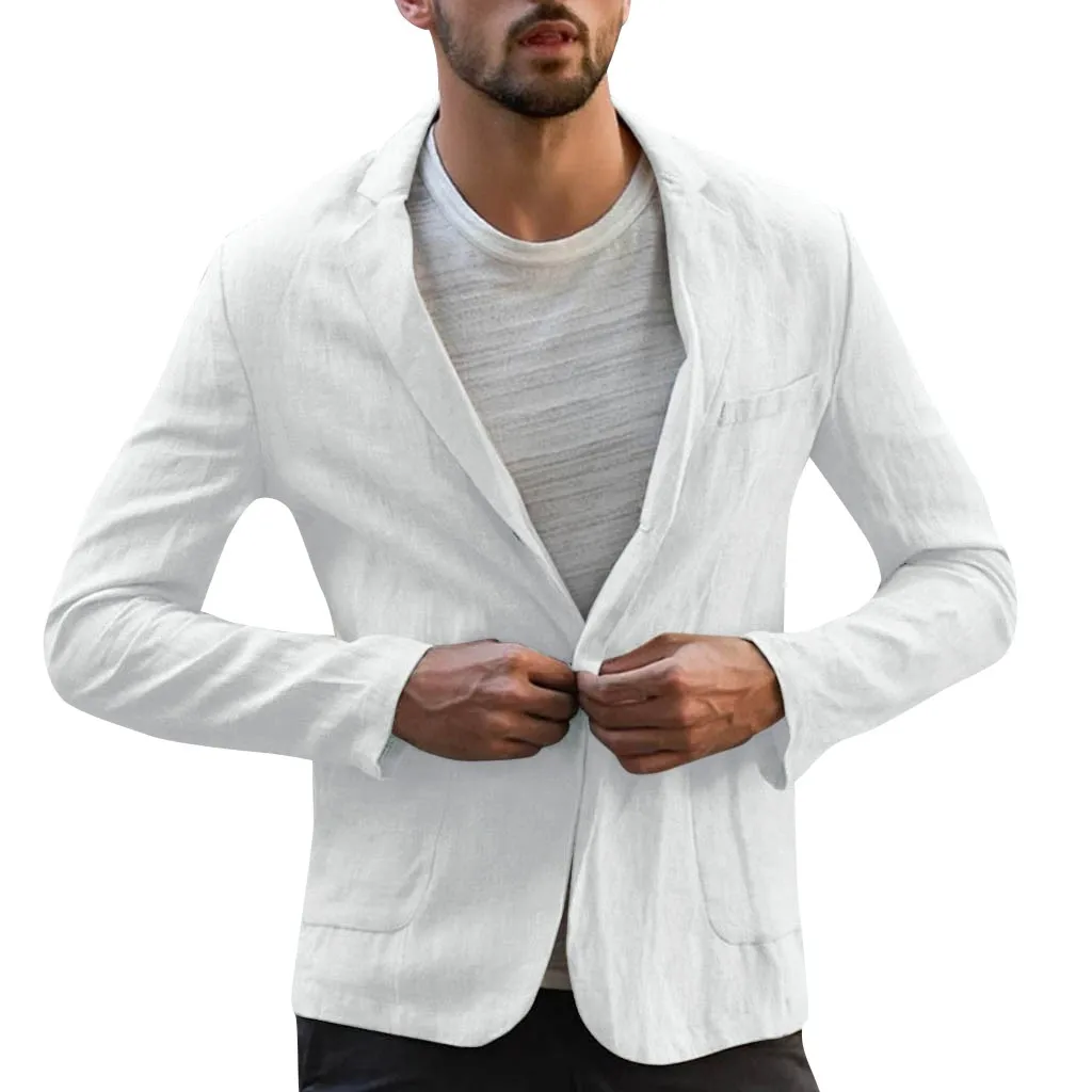 

Men's Autumn Solid Color Imitation Linen Jacket Men's Slim Linen Blend Pocket Solid Color Long Sleeve Blazer